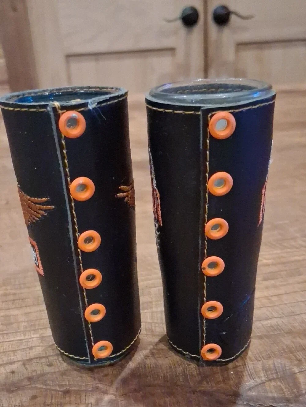 Harley-Davidson Black Leather Shot Glass Covers with Orange & White Embroidery